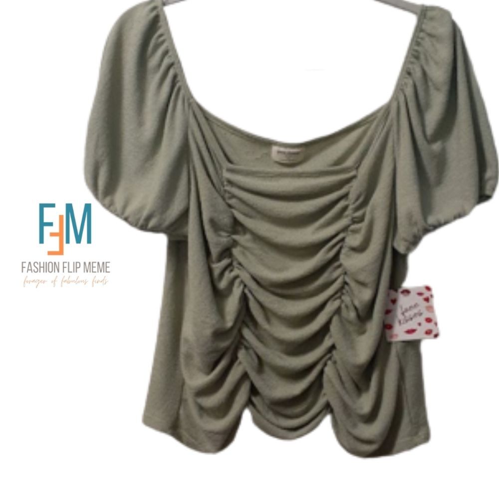 Olive Green Ruched Square Neck Short Puff Sleeve Top 2X 3X New! Free Kisses